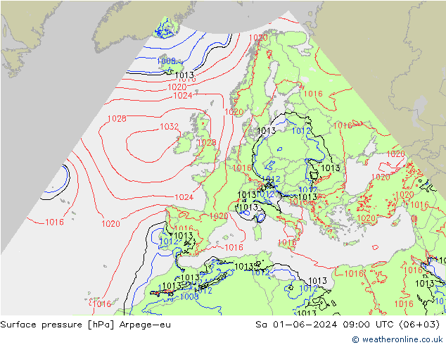 Atmosférický tlak Arpege-eu So 01.06.2024 09 UTC