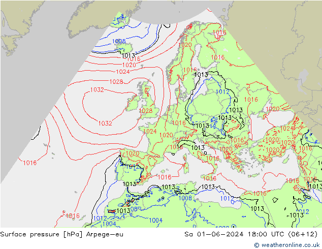 Presión superficial Arpege-eu sáb 01.06.2024 18 UTC