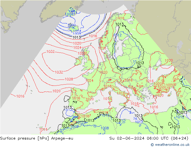地面气压 Arpege-eu 星期日 02.06.2024 06 UTC