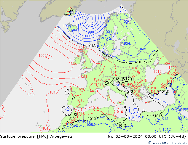 Surface pressure Arpege-eu Mo 03.06.2024 06 UTC