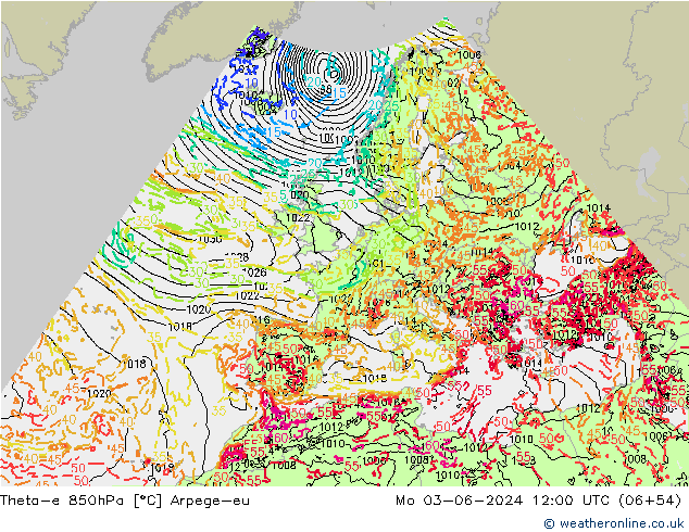 Theta-e 850hPa Arpege-eu Po 03.06.2024 12 UTC