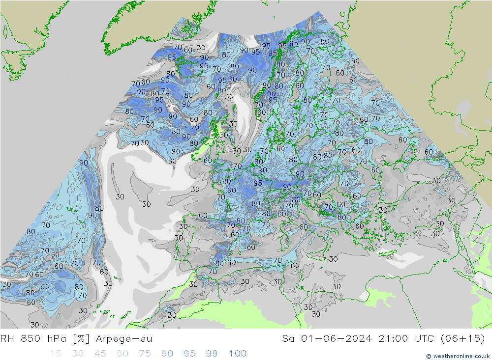 RH 850 hPa Arpege-eu Sa 01.06.2024 21 UTC