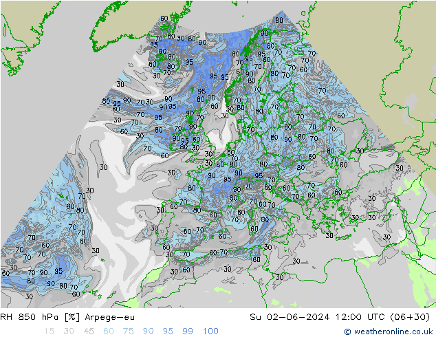 RH 850 hPa Arpege-eu Su 02.06.2024 12 UTC