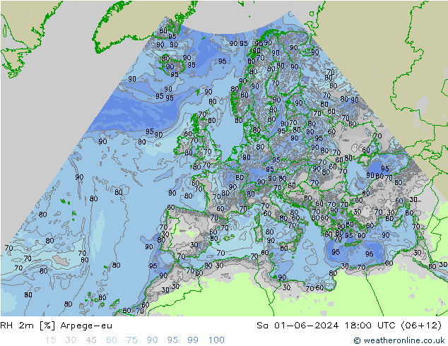 Humidité rel. 2m Arpege-eu sam 01.06.2024 18 UTC