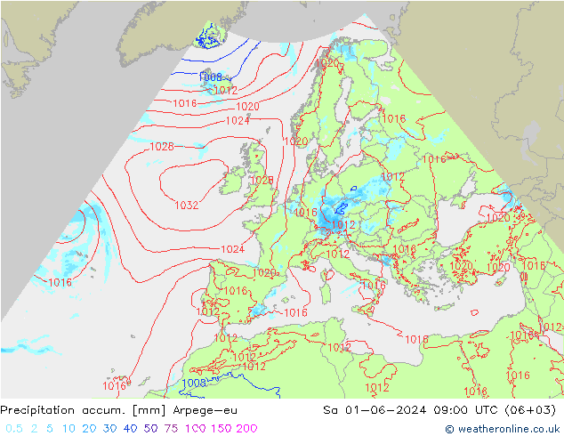 Precipitation accum. Arpege-eu 星期六 01.06.2024 09 UTC