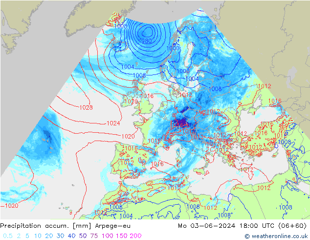 Totale neerslag Arpege-eu ma 03.06.2024 18 UTC