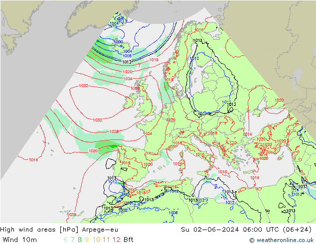 High wind areas Arpege-eu  02.06.2024 06 UTC