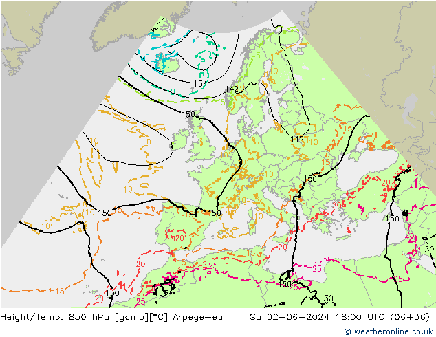 Height/Temp. 850 hPa Arpege-eu  02.06.2024 18 UTC