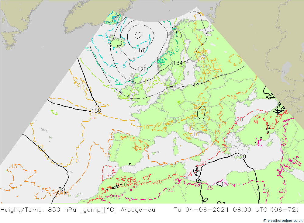 Height/Temp. 850 hPa Arpege-eu Tu 04.06.2024 06 UTC