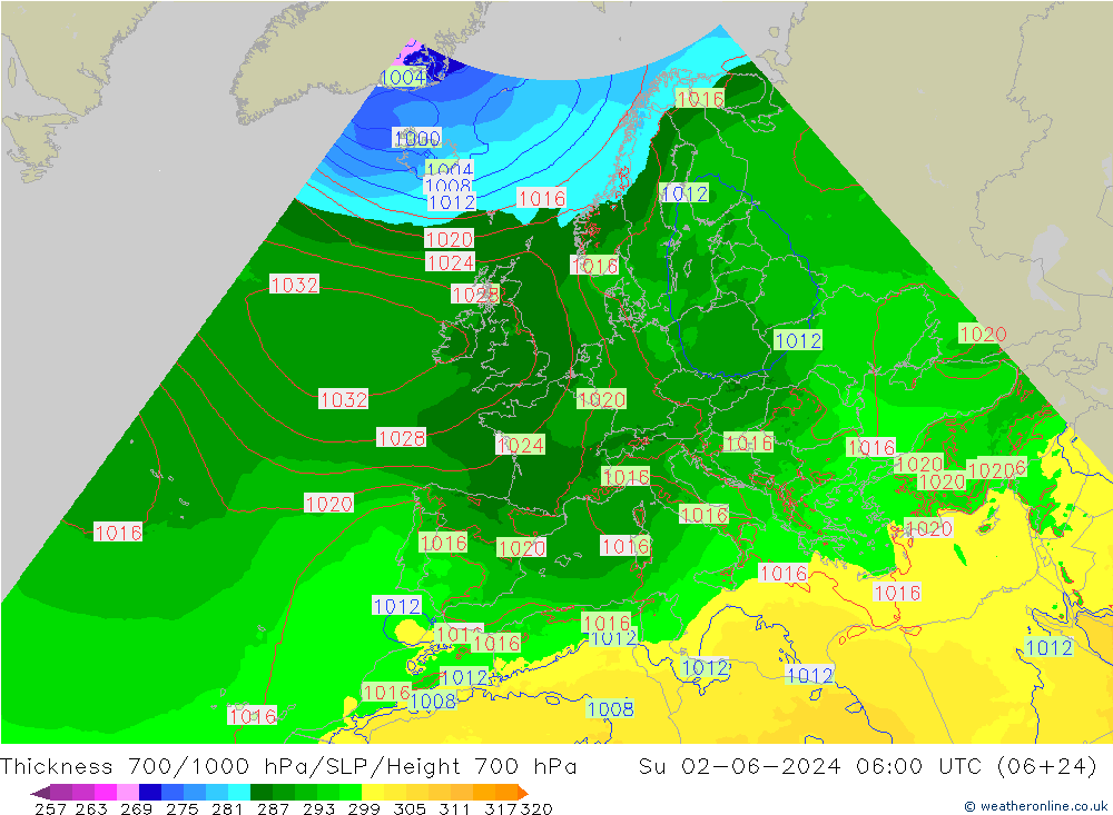 Thck 700-1000 hPa Arpege-eu  02.06.2024 06 UTC