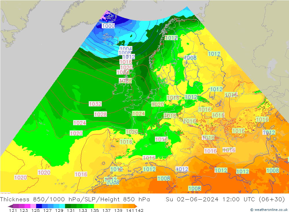 Thck 850-1000 hPa Arpege-eu  02.06.2024 12 UTC