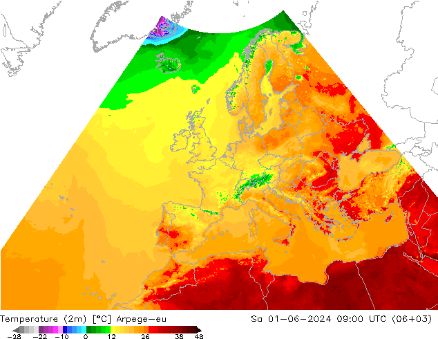 Temperatuurkaart (2m) Arpege-eu za 01.06.2024 09 UTC