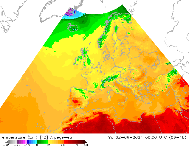 Temperatura (2m) Arpege-eu Dom 02.06.2024 00 UTC