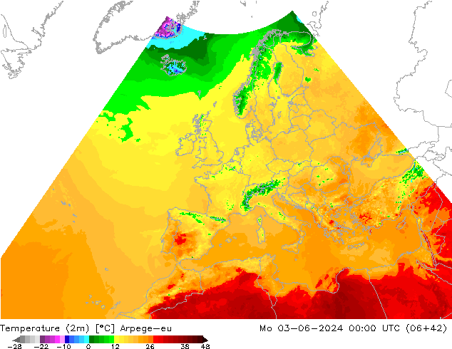 Temperaturkarte (2m) Arpege-eu Mo 03.06.2024 00 UTC