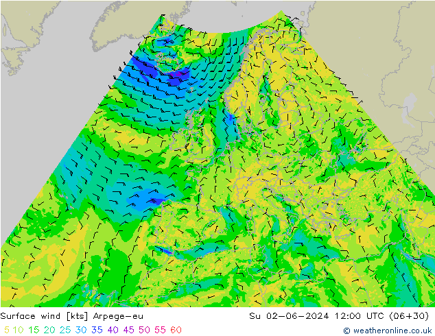 ветер 10 m Arpege-eu Вс 02.06.2024 12 UTC