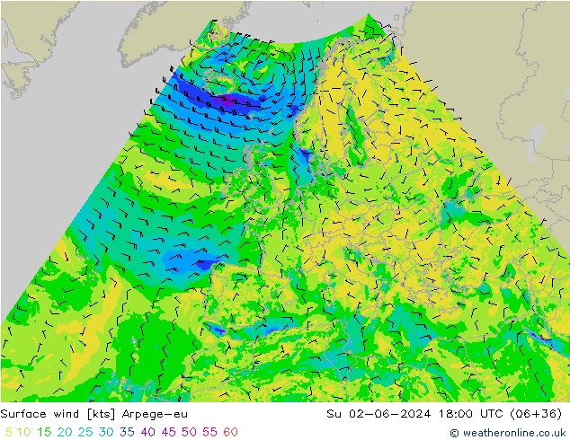 Rüzgar 10 m Arpege-eu Paz 02.06.2024 18 UTC