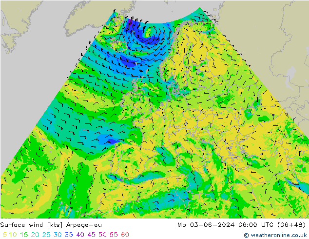 Vento 10 m Arpege-eu lun 03.06.2024 06 UTC