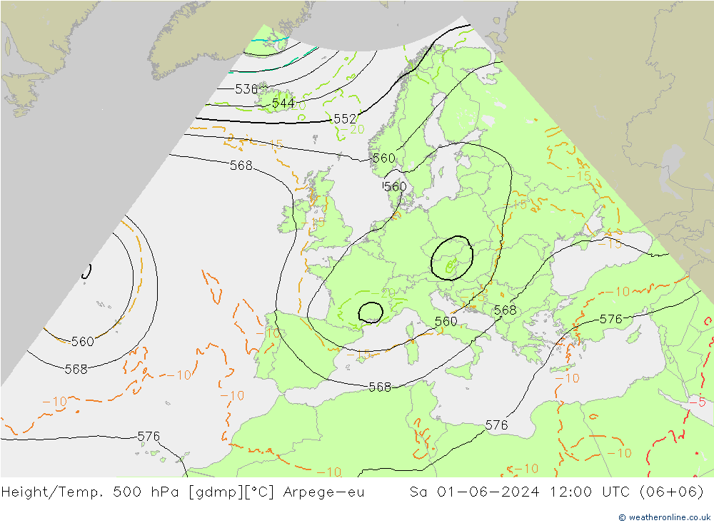 Height/Temp. 500 hPa Arpege-eu 星期六 01.06.2024 12 UTC