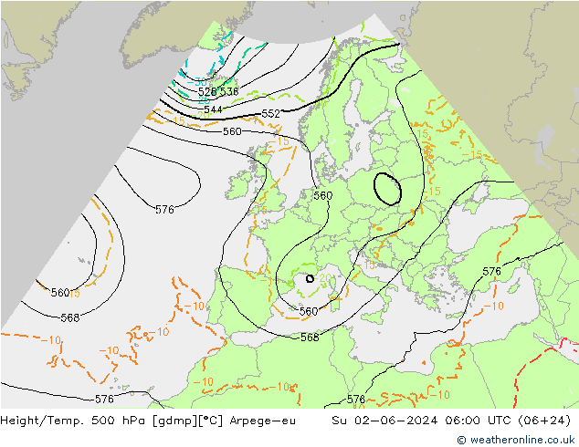 Height/Temp. 500 hPa Arpege-eu Su 02.06.2024 06 UTC