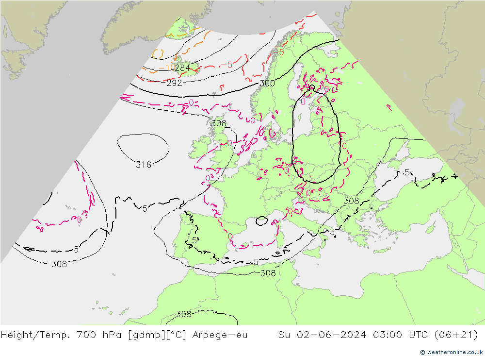 Hoogte/Temp. 700 hPa Arpege-eu zo 02.06.2024 03 UTC