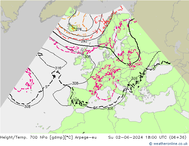 Height/Temp. 700 hPa Arpege-eu Su 02.06.2024 18 UTC