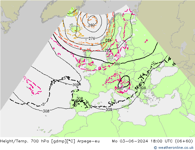 Hoogte/Temp. 700 hPa Arpege-eu ma 03.06.2024 18 UTC