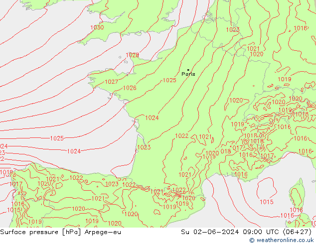 Surface pressure Arpege-eu Su 02.06.2024 09 UTC