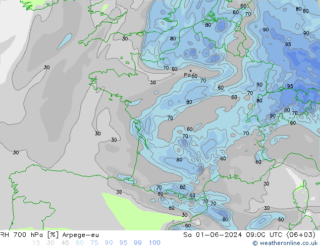 RH 700 hPa Arpege-eu Sa 01.06.2024 09 UTC