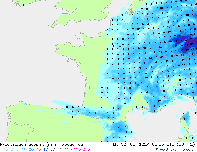 Precipitation accum. Arpege-eu Mo 03.06.2024 00 UTC