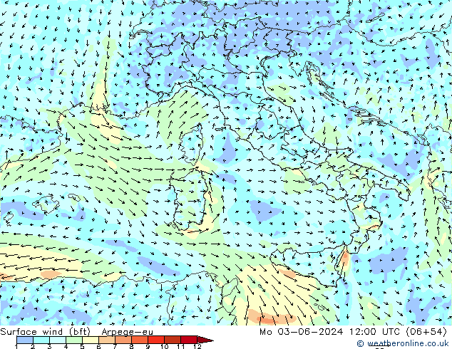 Surface wind (bft) Arpege-eu Mo 03.06.2024 12 UTC