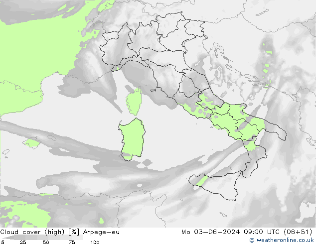 Cloud cover (high) Arpege-eu Mo 03.06.2024 09 UTC
