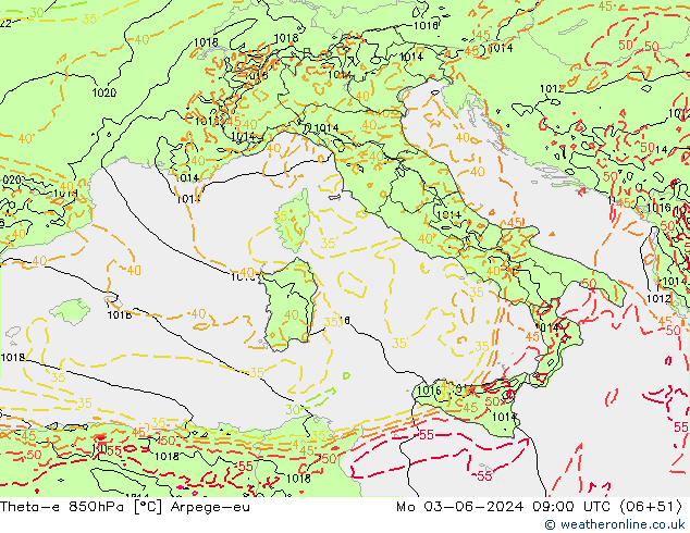Theta-e 850hPa Arpege-eu Seg 03.06.2024 09 UTC