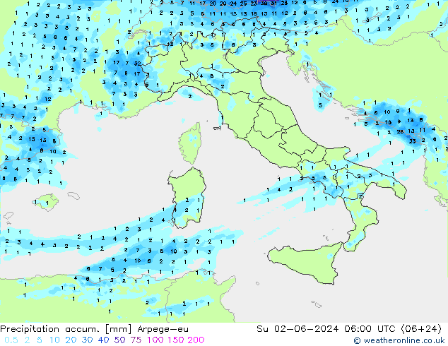 Precipitation accum. Arpege-eu Dom 02.06.2024 06 UTC