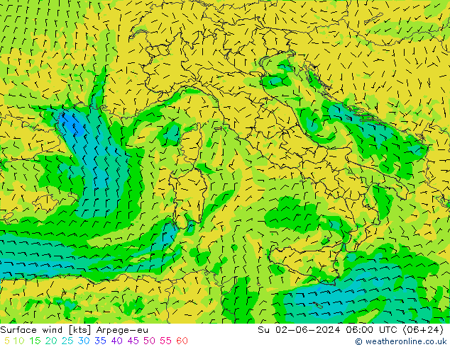 Viento 10 m Arpege-eu dom 02.06.2024 06 UTC