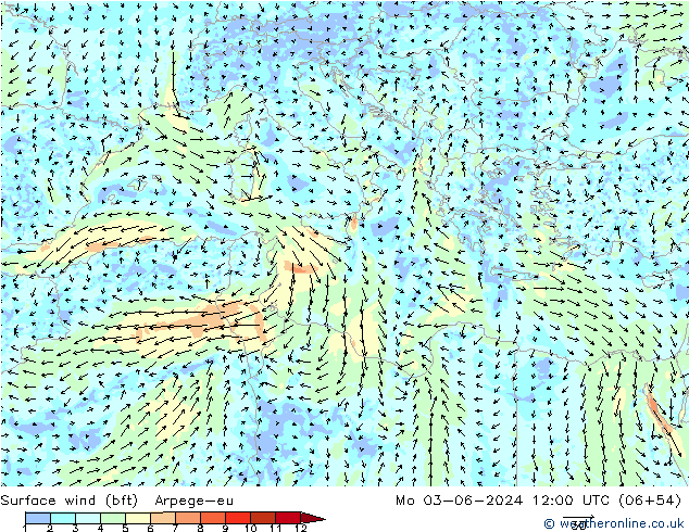 Bodenwind (bft) Arpege-eu Mo 03.06.2024 12 UTC