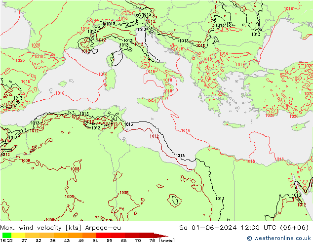 Max. wind velocity Arpege-eu sam 01.06.2024 12 UTC