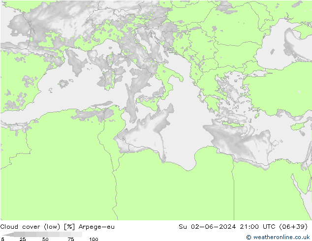 Cloud cover (low) Arpege-eu Su 02.06.2024 21 UTC