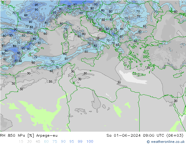 RH 850 hPa Arpege-eu  01.06.2024 09 UTC