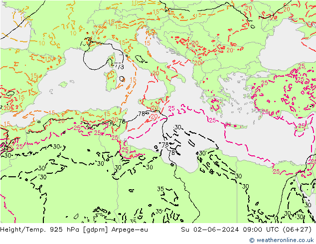 Height/Temp. 925 hPa Arpege-eu Su 02.06.2024 09 UTC