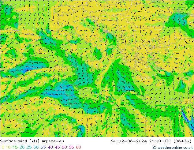 Surface wind Arpege-eu Su 02.06.2024 21 UTC