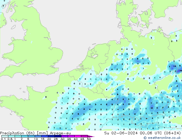 Yağış (6h) Arpege-eu Paz 02.06.2024 06 UTC