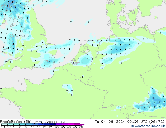 Totale neerslag (6h) Arpege-eu di 04.06.2024 06 UTC