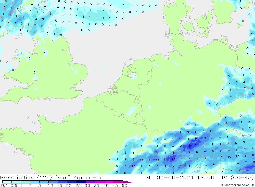 Precipitation (12h) Arpege-eu Mo 03.06.2024 06 UTC