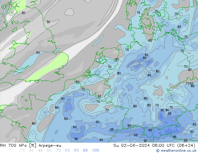 RH 700 hPa Arpege-eu Su 02.06.2024 06 UTC