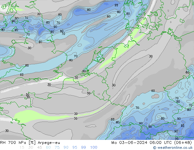Humidité rel. 700 hPa Arpege-eu lun 03.06.2024 06 UTC