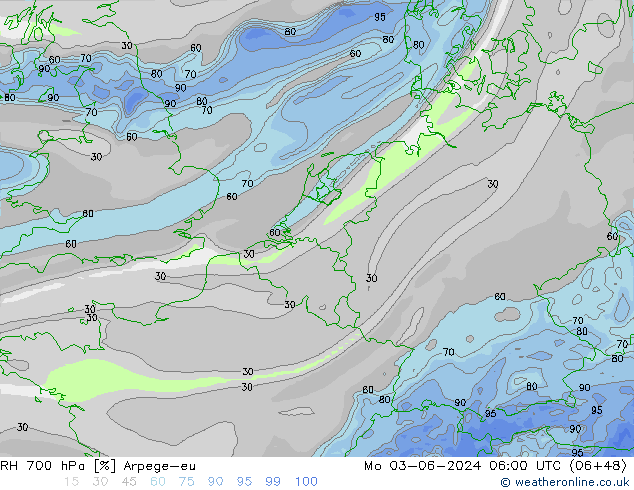 RH 700 hPa Arpege-eu Mo 03.06.2024 06 UTC