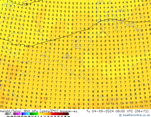 Hoogte/Temp. 850 hPa Arpege-eu di 04.06.2024 06 UTC