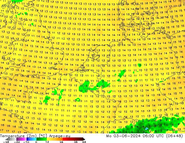 Temperature (2m) Arpege-eu Mo 03.06.2024 06 UTC