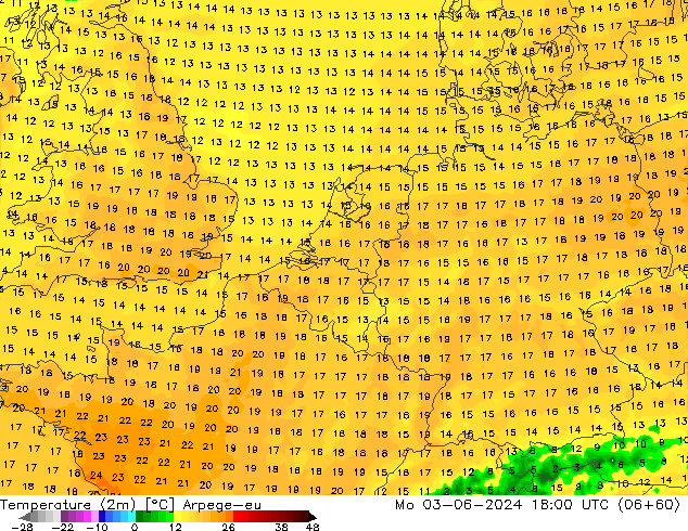 mapa temperatury (2m) Arpege-eu pon. 03.06.2024 18 UTC