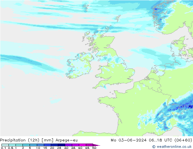 Totale neerslag (12h) Arpege-eu ma 03.06.2024 18 UTC